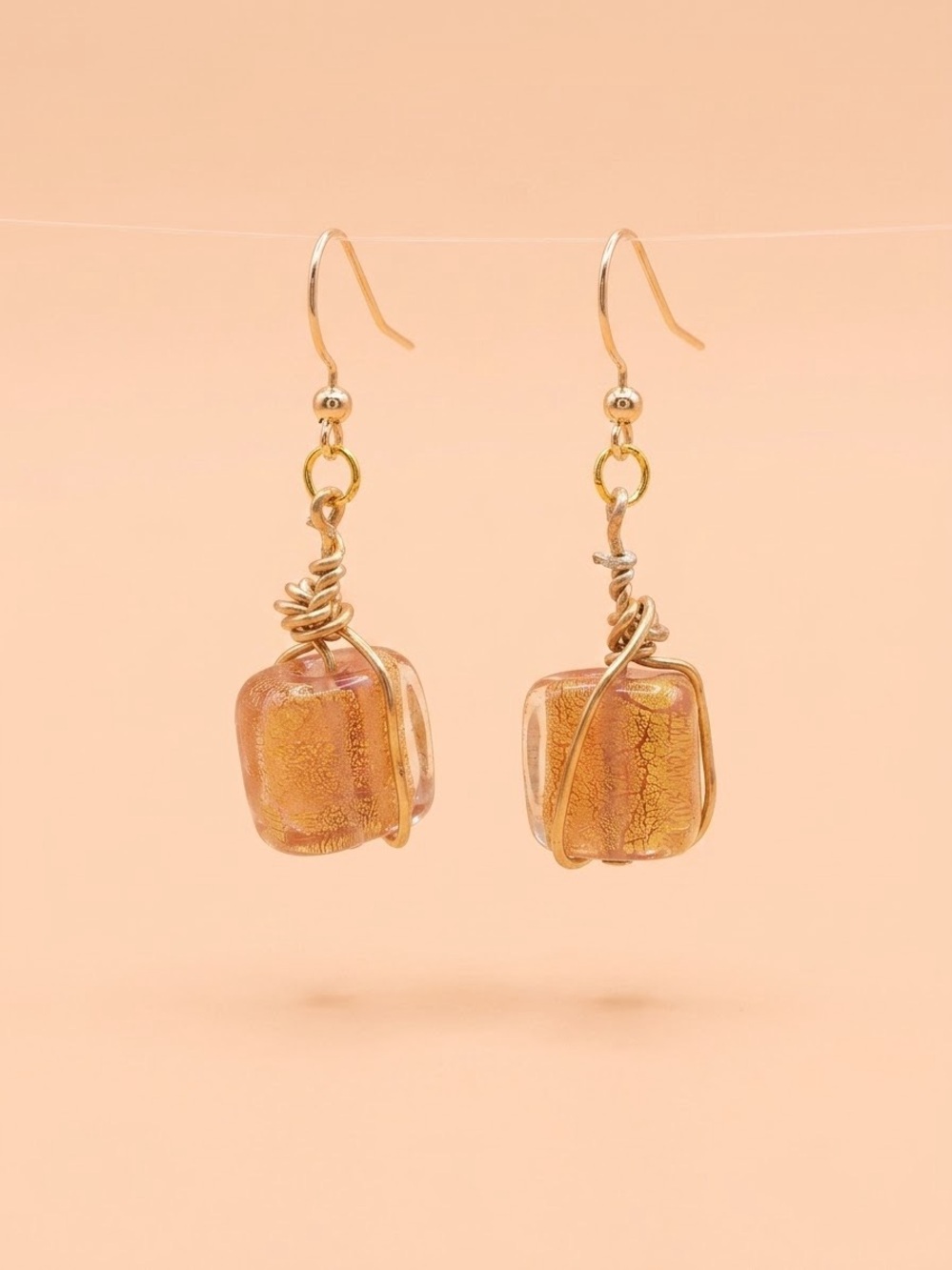 Hand Crafted Gold and Amber Cube Drop Earrings